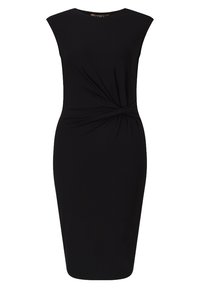 Svart knälång klänning med rund halsringning och korta ärmar. Har en vriden detalj vid midjan, tillverkad av mjukt, stretchigt tyg.