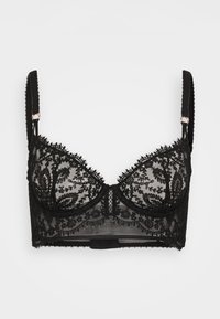 Soutien-gorge en dentelle noire avec un mesh transparent, broderie florale décorative, bords festonnés, bretelles réglables et fermeture à crochets dans le dos.