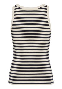 Striped tank top featuring navy and cream horizontal stripes, ribbed texture, and a crew neckline, designed with a fitted silhouette.