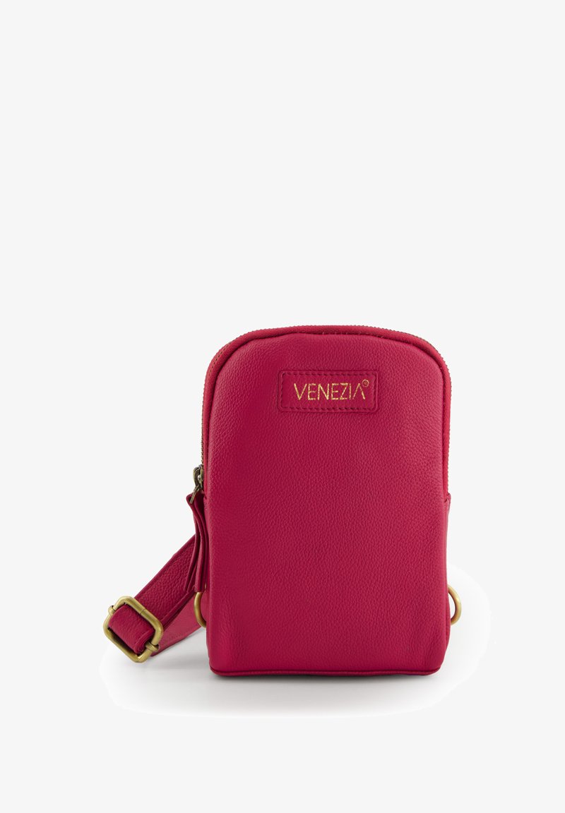 Rosa Leder-Crossbody-Tasche mit runder Form, goldfarbenen Beschlägen, Reißverschluss und geprägt-logo auf der Vorderseite. Verstellbarer Riemen.