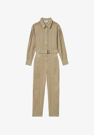 Beez jumpsuit, mis pehmeast materjalist, kaelusega, nööpidega ees, vöödiga taljes ning pikkade varrukatega, millel on mansetid ja küljetaskud.