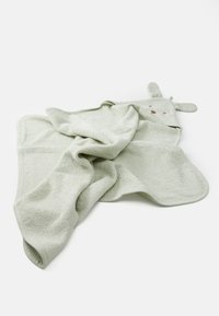 Grünes Frottee-Badetuch für Babys mit Kapuze, die tierische Ohren und Gesichtszüge zeigt, weiche Textur und quadratische Form.
