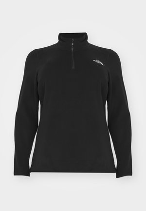 Sort langærmet pullover med kvart lynlås, høj krave og lille hvidt logo på øverste venstre bryst.