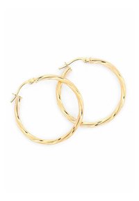 Pendientes de aro retorcido en tono dorado con forma circular y cierre sencillo de gancho, destacando una superficie lisa y reflectante.