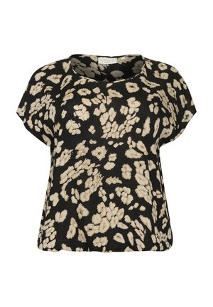 Sort kortærmet bluse med et beige blomsterprint, afslappet pasform, rund halsudskæring og blød tekstur.