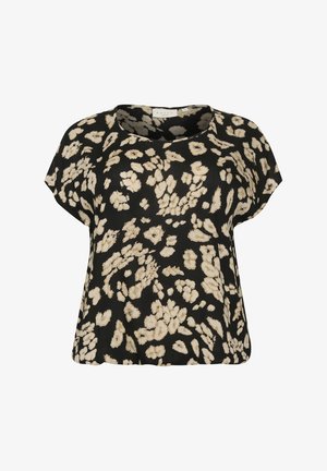 Blouse noire à manches courtes avec un motif floral beige, coupe décontractée, col rond et texture de tissu douce.