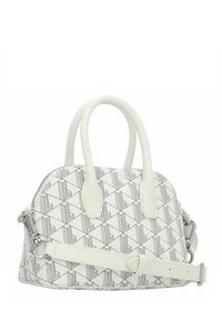 Sac à main blanc avec un motif de lignes noires géométriques, forme ronde, double anses et une bandoulière amovible et réglable. Accents en matériel argenté.