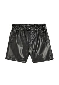 Svarta shorts i konstläder med resårmidja, två sidofickor och en slät, glänsande yta.