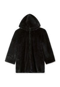 Czarna kurtka z futra syntetycznego z kapturem, z zapięciem na zamek z przodu, długimi rękawami i miękką teksturą. Charakteryzuje się luźnym krojem i zaokrąglonym kapturem.