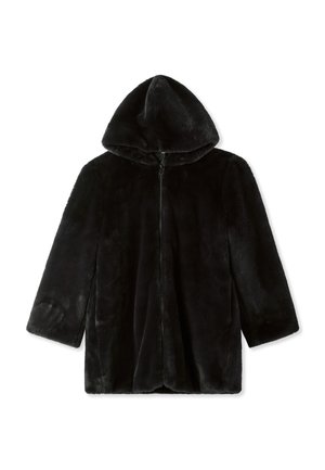 Giacca nera in pelliccia sintetica con cappuccio, chiusura frontale con zip, maniche lunghe e texture morbida. Presenta una vestibilità svasata e un cappuccio stondato.