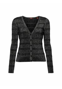 Cardigan côtelé noir pailleté à manches longues avec boutons sur le devant, doté d'un col en V et d'une silhouette ajustée.