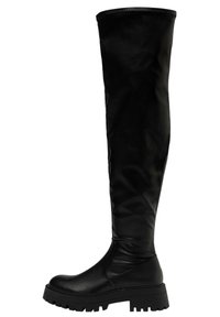 Bottes noires montant jusqu'aux genoux avec une finition en cuir lisse, semelle en caoutchouc épaisse et design plat. Texture lisse et accents matériels minimalistes.
