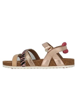 Pink metallic sandal with three cross straps, animal print accent, and a textured cork sole. Features adjustable strap and decorative pom-pom.