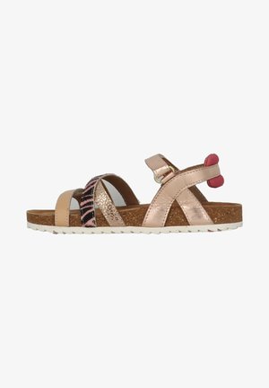 Pink metallic sandal with three cross straps, animal print accent, and a textured cork sole. Features adjustable strap and decorative pom-pom.