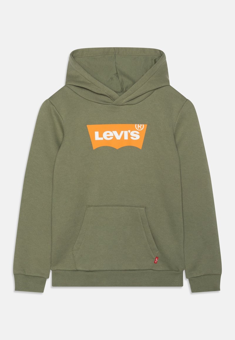 Hoodie Levi's vert olive avec poche ventrale et logo Levi's orange sur la poitrine, doté de poignets et d'un bas côtelés.