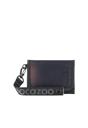 Folded black and dark blue wallet with orange gradient pattern, black trim, and a black strap with white "coocazoo" text and a clip.