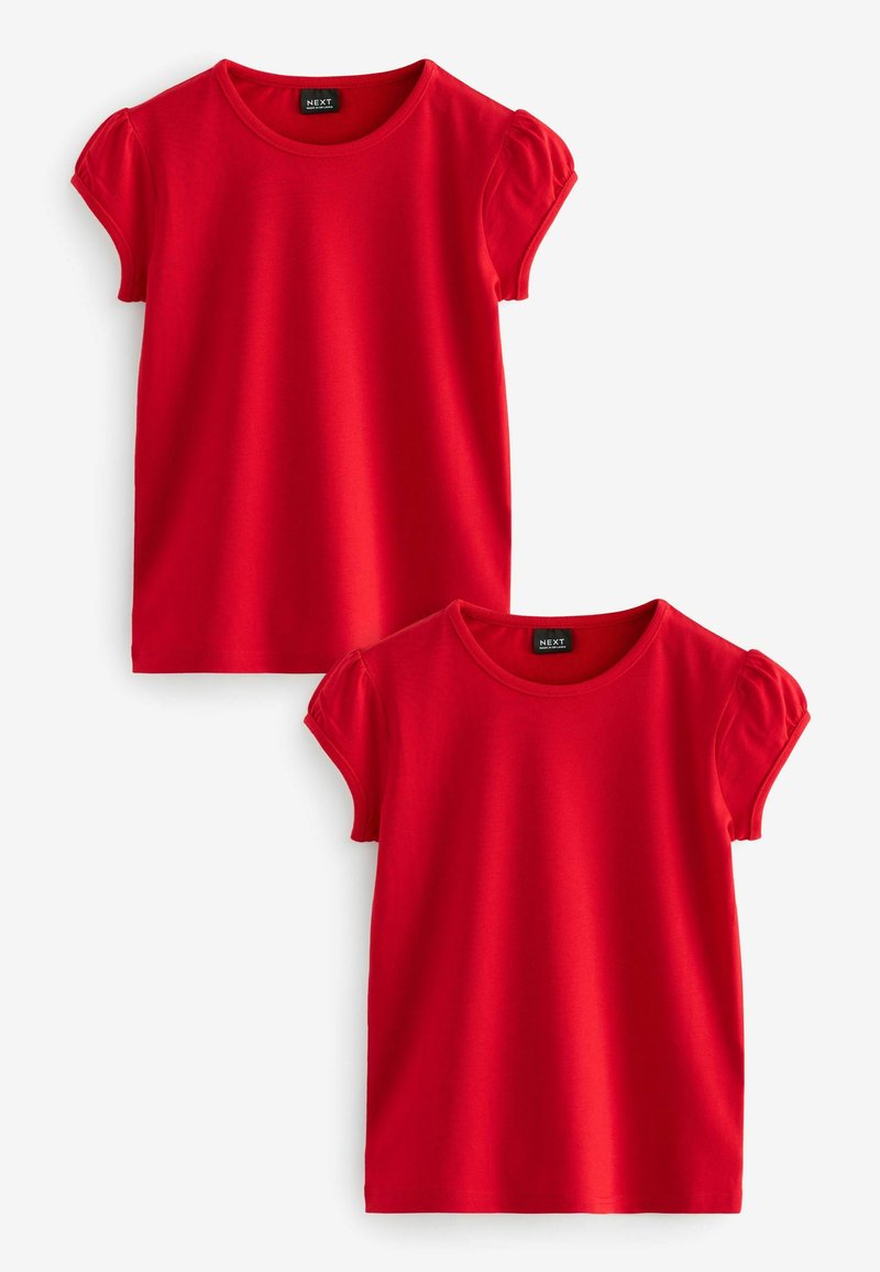 Rote Baumwoll-T-Shirts mit kurzen Puffärmeln und runden Ausschnitten. Zwei identische Shirts ausgestellt, die eine glatte Textur und lebendige Farben präsentieren.