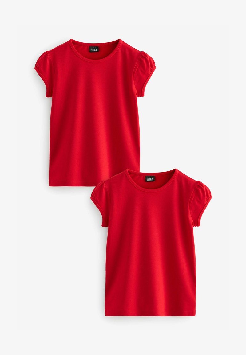 Rote Baumwoll-T-Shirts mit kurzen Puffärmeln und runden Ausschnitten. Zwei identische Shirts ausgestellt, die eine glatte Textur und lebendige Farben präsentieren.