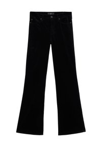 Pantaloni neri in velluto a vita alta con chiusura frontale con bottone e zip, passanti per cintura e gambe ampie a zampa.