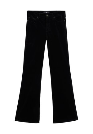 Zwarte hoge taille fluwelen broek met knoop- en ritssluiting aan de voorkant, riemlussen en uitlopende wijde pijpen.