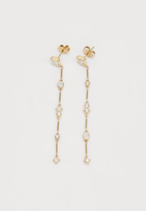 Gold-tone dangling earrings feature a linear design with alternating clear, faceted stones and small metal accents, showcasing varied shapes.