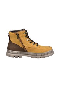 Gelbe und braune Knöchelboots mit schwarzen Schnürsenkeln, seitlichem Reißverschluss, gepolstertem Kragen und dicker grauer Sohle für den Outdoor-Einsatz.