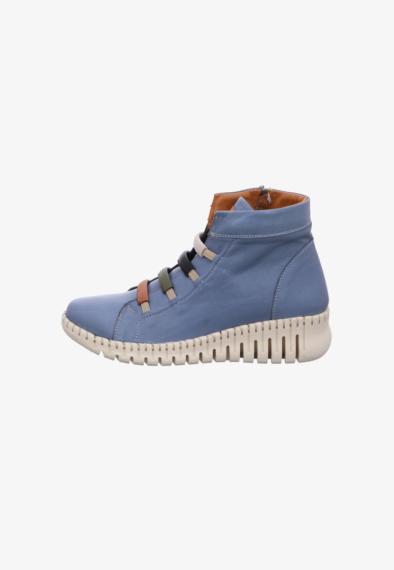 Blue leather ankle boot with a textured white sole, featuring multiple elastic bands in green, brown, and gray across the front.