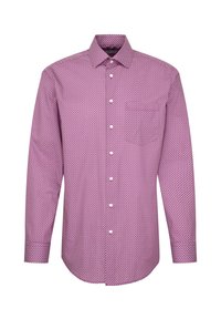 Camicia a maniche lunghe da uomo in un viola chiaro con un motivo geometrico bianco. Colletto button-down, patta frontale con bottoni, orlo curvato.