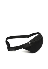 Crna struktaši torba od teksturirane tkanine, s zakrivljenim oblikom, podešivim najlonskim remenom i jednim zatvorenim pretincem s metalnim povlačenjem.