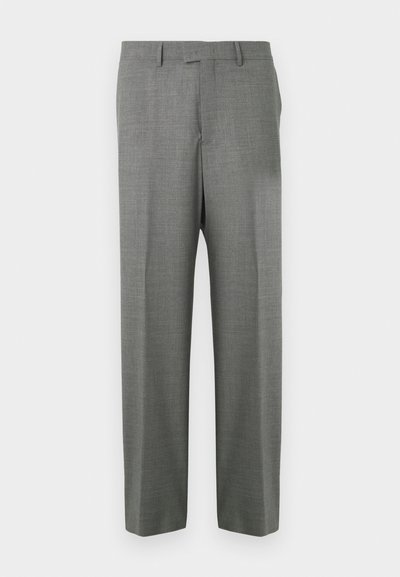Γκρι παντελόνι φοδραρισμένο από υφασμάτινη υφή, με ευθύ μπατζάκι και επίπεδο μπροστινό μέρος, με θηλιές για ζώνη και χωρίς ορατές τσέπες.