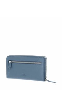 Portefeuille en cuir bleu avec fermeture éclair intégrale, poche avant zippée et fonction de blocage RFID. Texture lisse et design élégant.