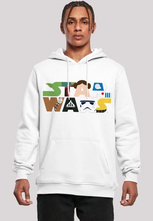 Hvid hoodie med et multifarvet blokdesign og teksten "STAR WARS", der inkorporerer forskellige ikoniske karakterelementer og former.