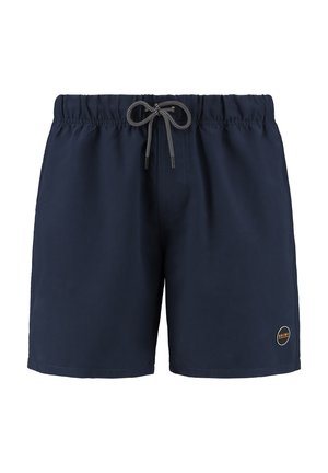 Tumedate sinised ujumispüksid elastse vöökoha ja stringiga. Omavad väikest logo tähist alumises osas ning siledat tekstuuri.