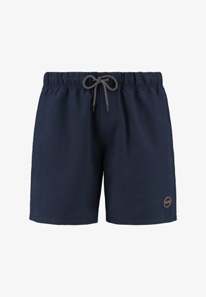 Temno modri kopalni šortji z elastičnim pasom in vrvico za zavezovanje. Imajo manjšo oznako na spodnji strani in gladko teksturo.