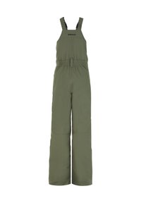 Pantaloni impermeabili verdi con spalline regolabili, vita elastica e una vestibilità ampia. Presentano il logo "Protest" sul davanti.