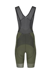 Men’s cycling shorts with a dark olive green base, mesh back with vertical stripes, padded seat, and elastic leg bands at the hem.