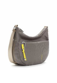 Borsa di stoffa grigia texturizzata con forma arrotondata, con tirazip giallo e tracolla regolabile. Presenta una chiusura con zip e una tasca esterna.