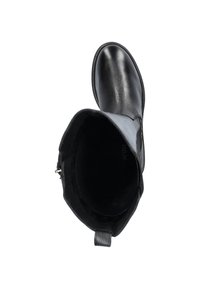 Zwarte leren enkellaars met een gladde textuur, ronde neus, lage hak en een rits aan de zijkant. Het interieur is gevoerd met zachte stof.