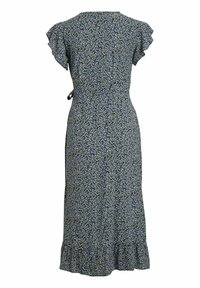 Robe midi fleurie avec manches volantées et ourlet, petit motif floral bleu et vert, taille cintrée avec lien latéral, vue de dos.