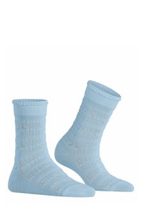 Helle blaue Knöchelsocken mit einem strukturierten, offenen Strickmuster. Sie verfügen über einen gerippten Bund sowie verstärkte Zehen- und Fersenpartien. Hergestellt aus weichem Baumwoll-Materialmix.