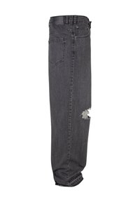 Sorte denim jeans med lige ben, der har et hul på knæet og en klassisk fem-lomme stil. Tekstureret overflade og solid syning.
