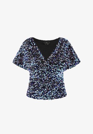 Črn kratkosleeven top, prekrit z bleščečimi večbarvnimi bleščicami, z globokim V-izrezom in nabranim pasom za podolgovato silhueto.