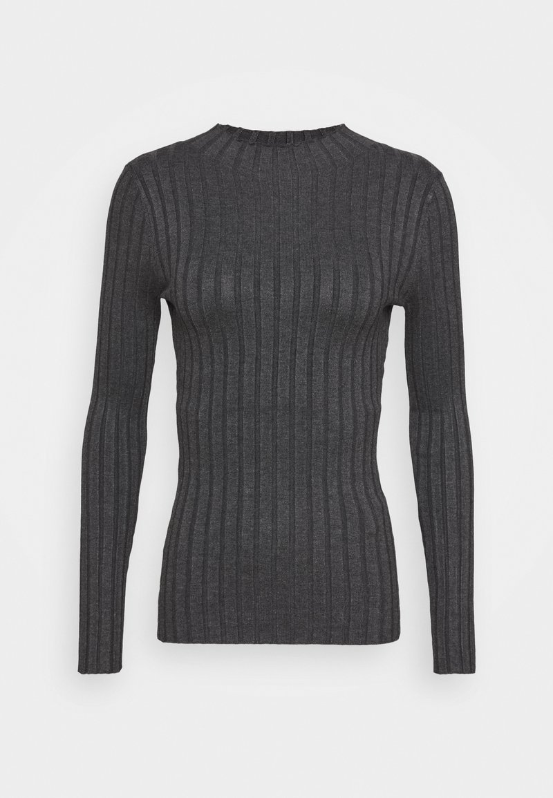 Pull côtelé gris foncé à manches longues avec une silhouette ajustée et un col rond sur un fond clair uni.