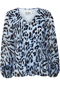 Blusa plissettata blu e nera con scollatura a V, caratterizzata da una stampa animale audace e maniche lunghe a sbuffo. Tessuto leggero e morbido.