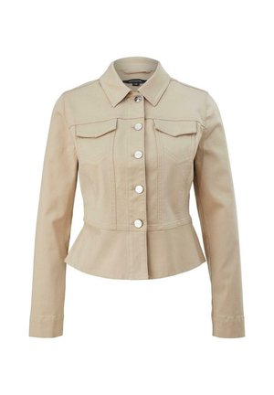 Veste beige à boutons, manches longues, deux poches poitrine à rabat, col et ourlet style peplum.