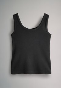 Schwarzes geripptes Tanktop mit breiten Trägern und rundem Ausschnitt, das eine glatte Textur und eine figurbetonte Silhouette aufweist.