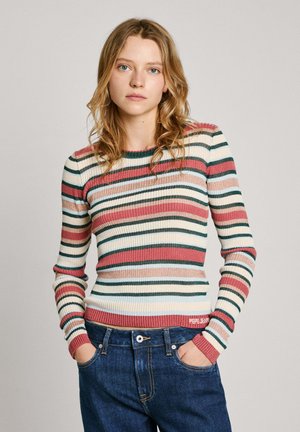Ribbed long-sleeve sweater with horizontal stripes in pink, green, cream, and navy. Features a fitted design and a red accent at the hem.
