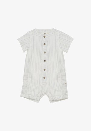 Gestreifter kurzer Overall aus leichtem Stoff, mit Knopfverschluss vorne, kurzen Ärmeln, zwei vorderen Taschen und umgeschlagenem Saum. Die Farben umfassen Weiß und Hellblau.