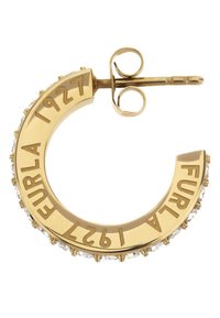 Zelta apliņu auskars ar iegravētu "Furla 1927" un rindu caurspīdīgu kristālu gar malu; aprīkots ar drošu uzmavu aizdari.
