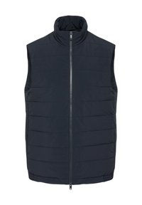 Navy puffer vest with high collar, horizontal quilted pattern, full-length zipper, and side pockets. Lightweight, smooth fabric texture.